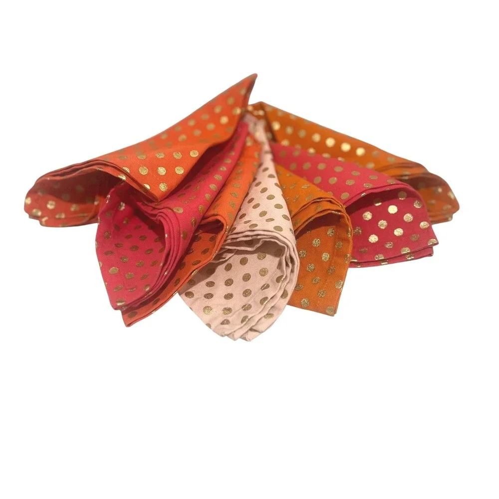 Napkin Set Multicolor Orange Pink Metallic Gold Polka Dot Summer Table Decor 7pc